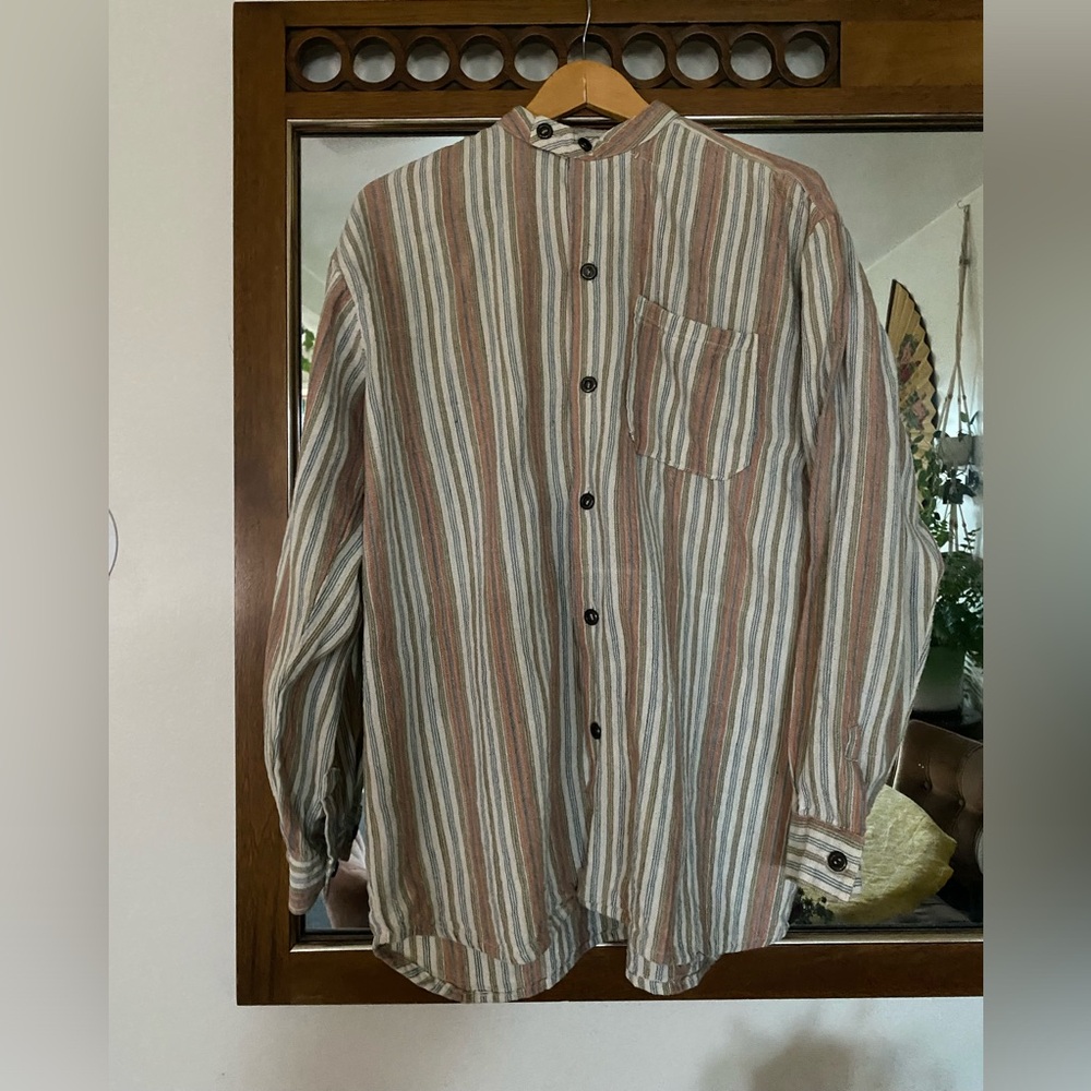 Cotton Collarless Men’s Shirt in Muted Stripes